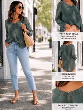 Look Boutique Teal Leopard Print Blouse Sheer Long Sleeve High-Low Hem Size M/L
